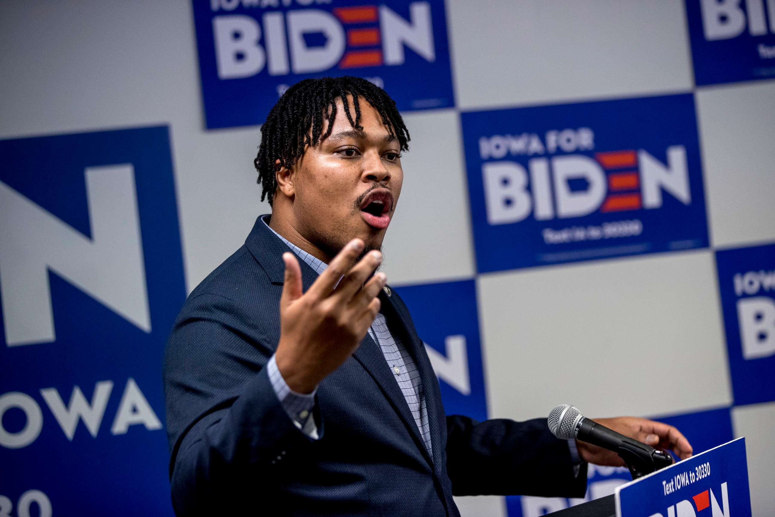 PHOTO: Pennsylvania state House Rep. Malcolm Kenyatta, D-Philadelphia, speaks at a campaign stop to support Democratic presidential candidate former Vice President Joe Biden, Jan. 8, 2020, in Des Moines, Iowa. 