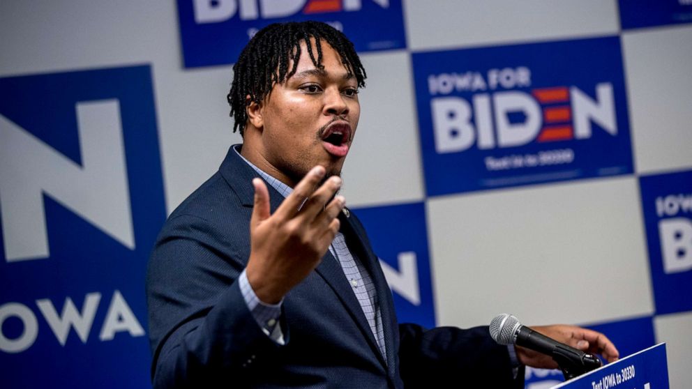 PHOTO: Pennsylvania state House Rep. Malcolm Kenyatta, D-Philadelphia, speaks at a campaign stop to support Democratic presidential candidate former Vice President Joe Biden, Jan. 8, 2020, in Des Moines, Iowa. 