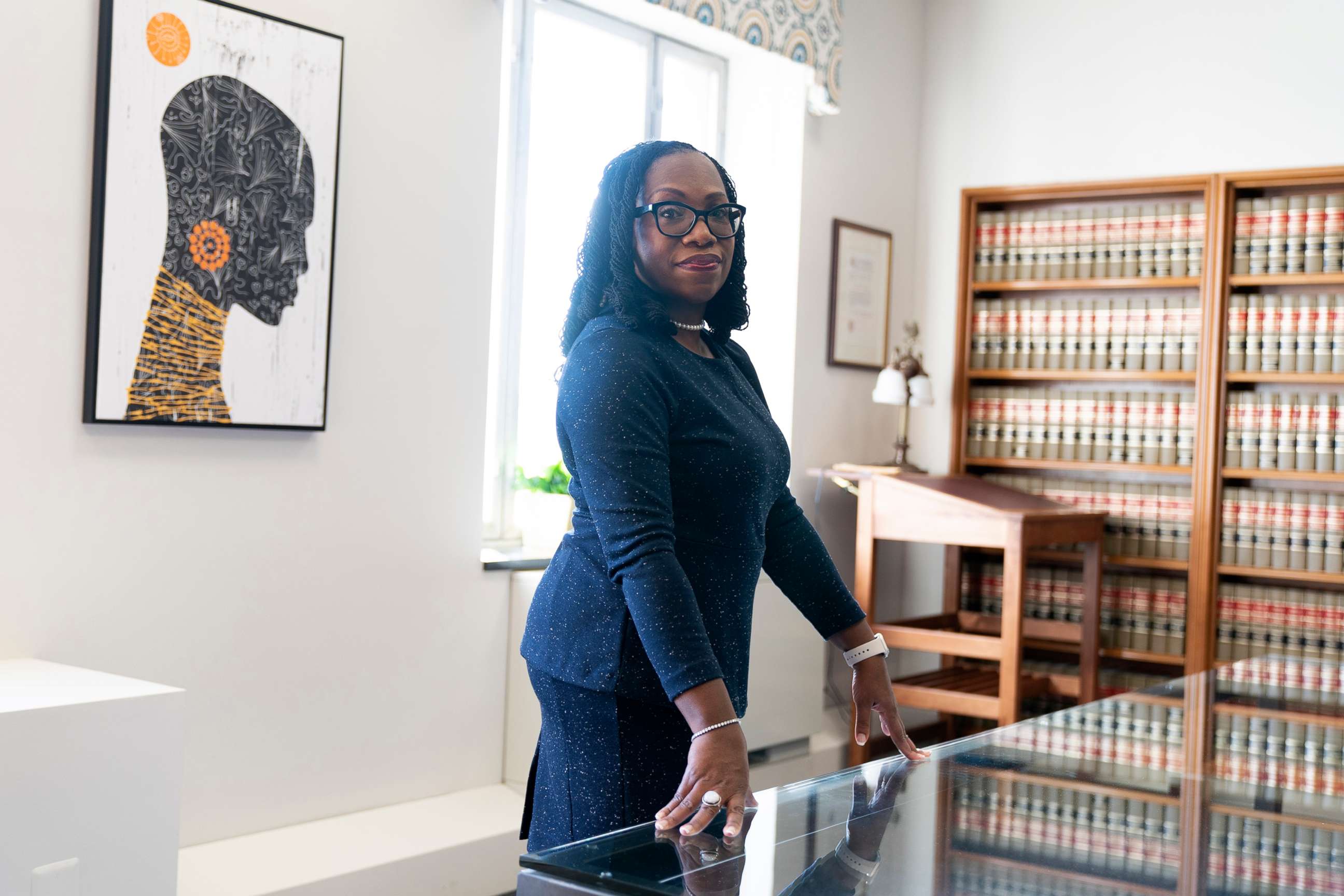 PHOTO: Judge Ketanji Brown Jackson, a U.S. Circuit Judge on the U.S. Court of Appeals for the District of Columbia Circuit, poses for a portrait, Feb., 18, 2022, in her office at the court in Washington, D.C. 