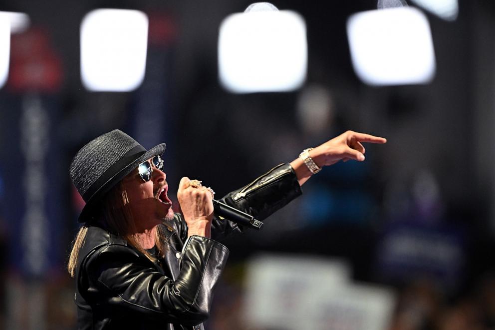 PHOTO: Musician Kid Rock performs on the fourth day of the Republican National Convention at the Fiserv Forum on July 18, 2024 in Milwaukee, Wisconsin.