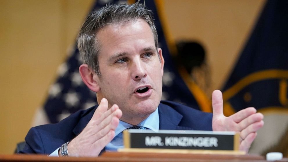 PHOTO: Rep. Adam Kinzinger speaks as the House select committee investigating the Jan. 6 attack on the Capitol continues to reveal its findings of a year-long investigation, at the Capitol, June 23, 2022.