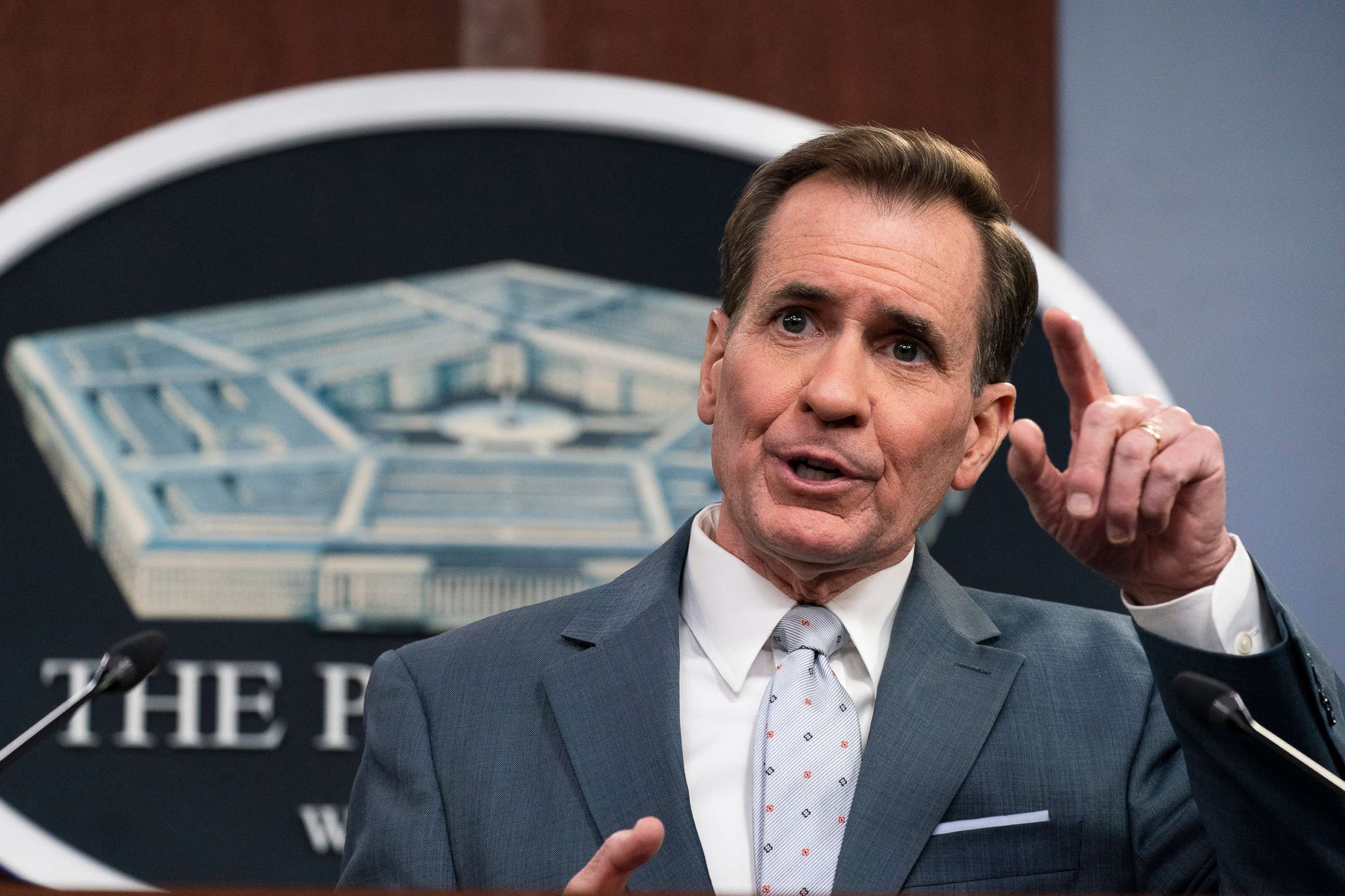 PHOTO: Pentagon spokesman John Kirby speaks during a briefing at the Pentagon in Washington, D.C., April 29, 2022. 