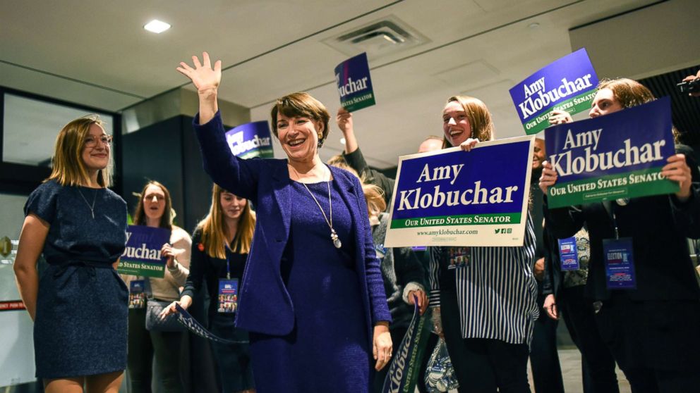 PHOTO: Sen. Amy Klobuchar arrives at the Intercontinental Hotel for the night's DFL headquarters election party in St. Paul, Minn., Nov. 6, 2018. 