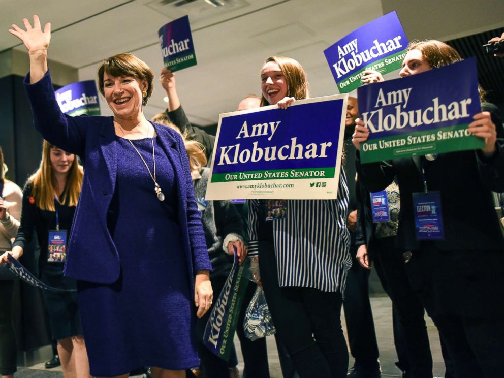 PHOTO: Sen. Amy Klobuchar arrives at the Intercontinental Hotel for the nights DFL headquarters election party in St. Paul, Minn., Nov. 6, 2018.