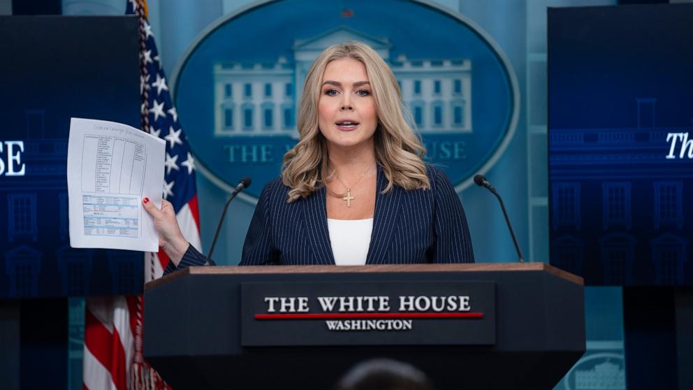 PHOTO: White House press secretary Karoline Leavitt speaks during a briefing at the White House, Feb. 12, 2025, in Washington.
