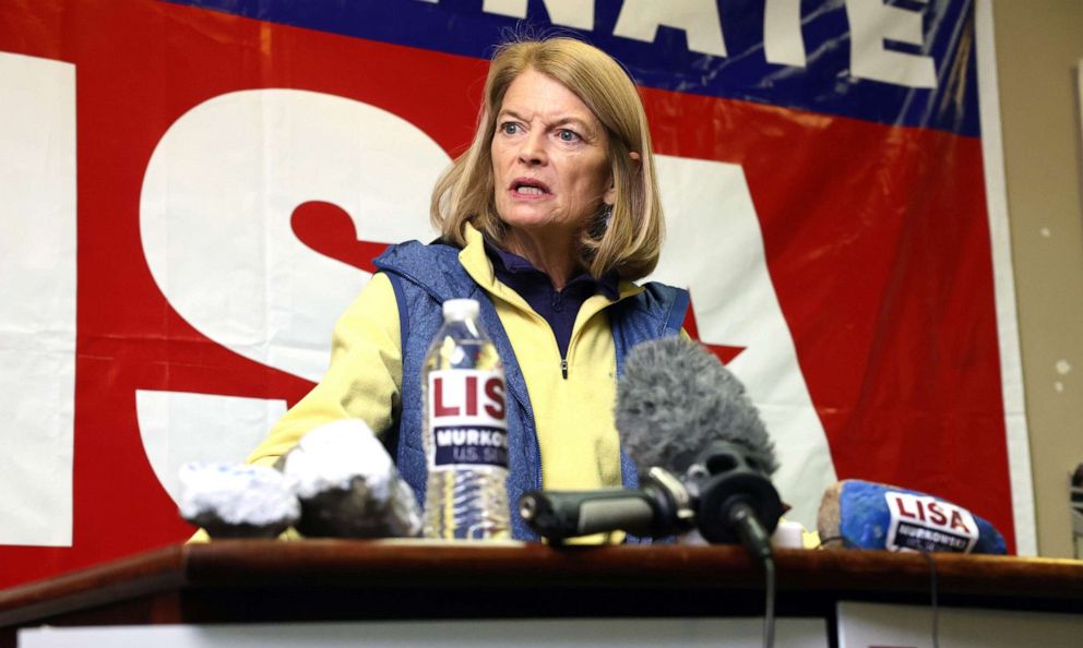 PHOTO: U.S. Sen. Lisa Murkowski holds a news conference at her campaign headquarters on election day, Nov. 8, 2022, in Anchorage, Alaska. 