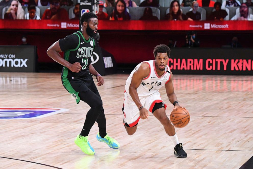 PHOTO: Kyle Lowry #7 of the Toronto Raptors drives to the basket against the Boston Celtics during Game Seven of the Eastern Conference SemiFinals of the NBA Playoffs, Sept. 11, 2020, in Orlando, Fla.