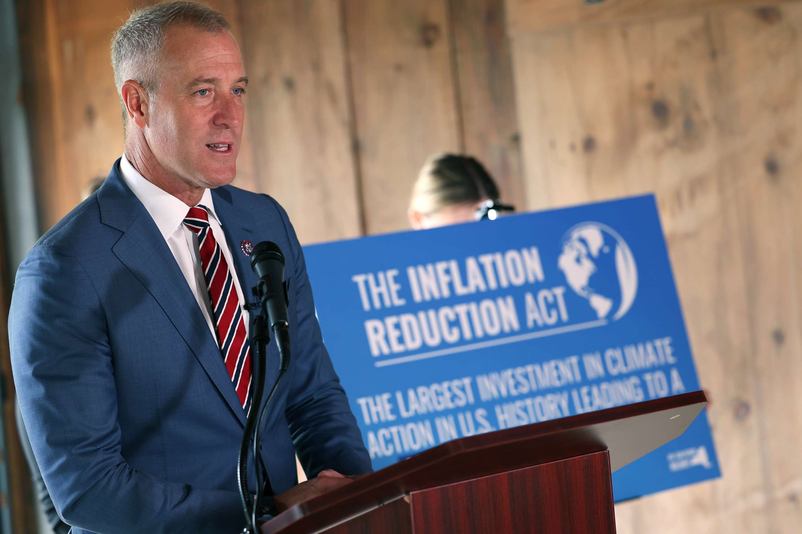 PHOTO: Rep. Sean Patrick Maloney speaks during a press conference on the the Inflation Reduction Act at Glynwood Boat House, Aug. 17, 2022, in Cold Spring, New York. 