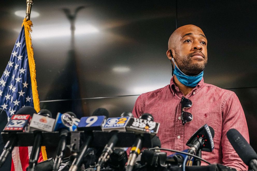 PHOTO: Lt. Gov. Mandela Barnes speaks at a news conference, Aug. 27, 2020, in Kenosha, Wis. 