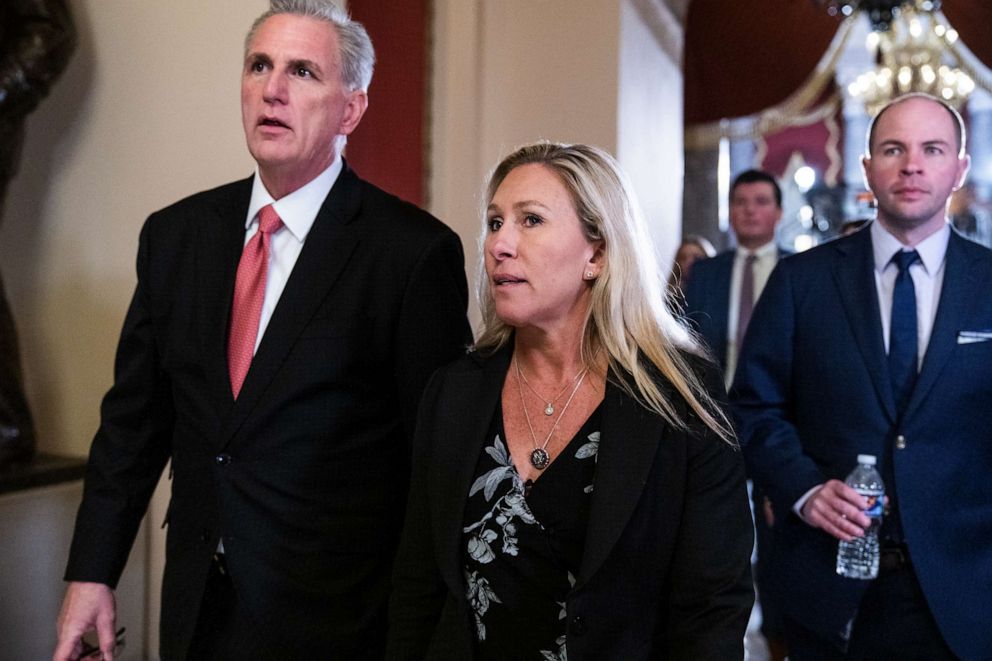 PHOTO: Rep. Marjorie Taylor Greene and Speaker of the House Kevin McCarthy walk together through the U.S. Capitol, Feb. 7, 2023.