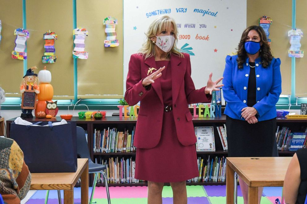PHOTO: First Lady Dr. Jill Biden visits PS 83 Annex Donald Hertz School as Deputy Secretary of Education Cindy Marten looks on in the Bronx, N.Y., Oct. 20, 2021. 