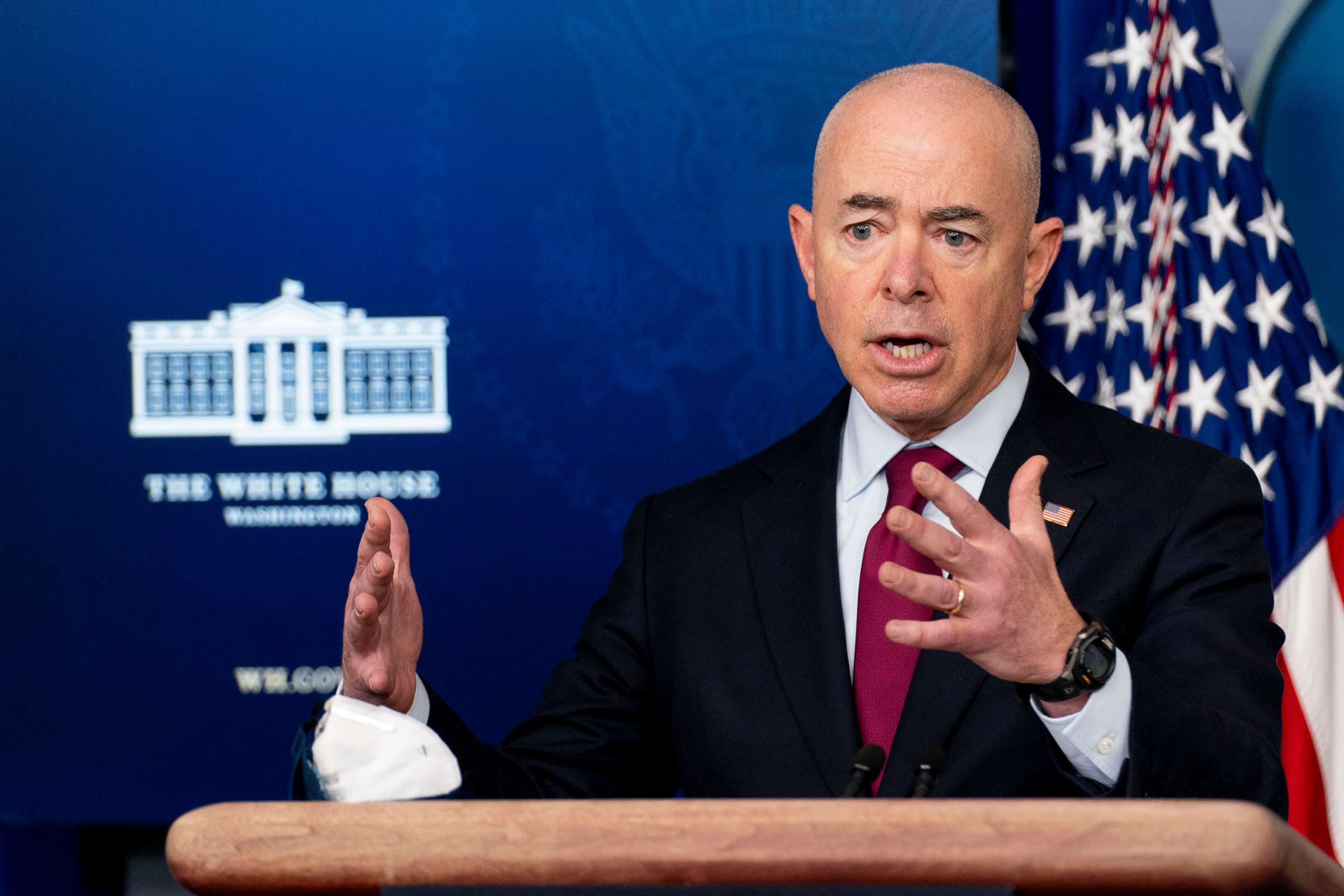 PHOTO: Homeland Security Secretary Alejandro Mayorkas speaks during a press briefing at the White House, March 1, 2021.