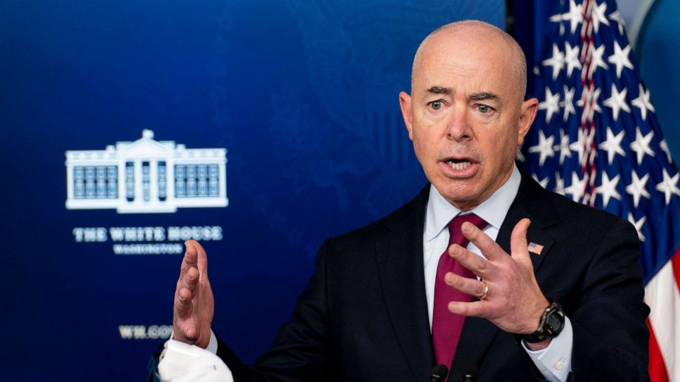PHOTO: Homeland Security Secretary Alejandro Mayorkas speaks during a press briefing at the White House, March 1, 2021.
