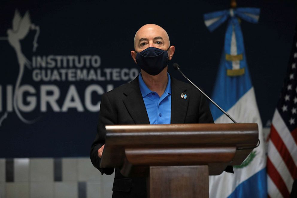 PHOTO: Department of Homeland Security (DHS) Secretary Alejandro Mayorkas delivers a speech during the inauguration of a facility to receive deportees, at La Aurora International airport in Guatemala City, Guatemala, July 7, 2021. 
