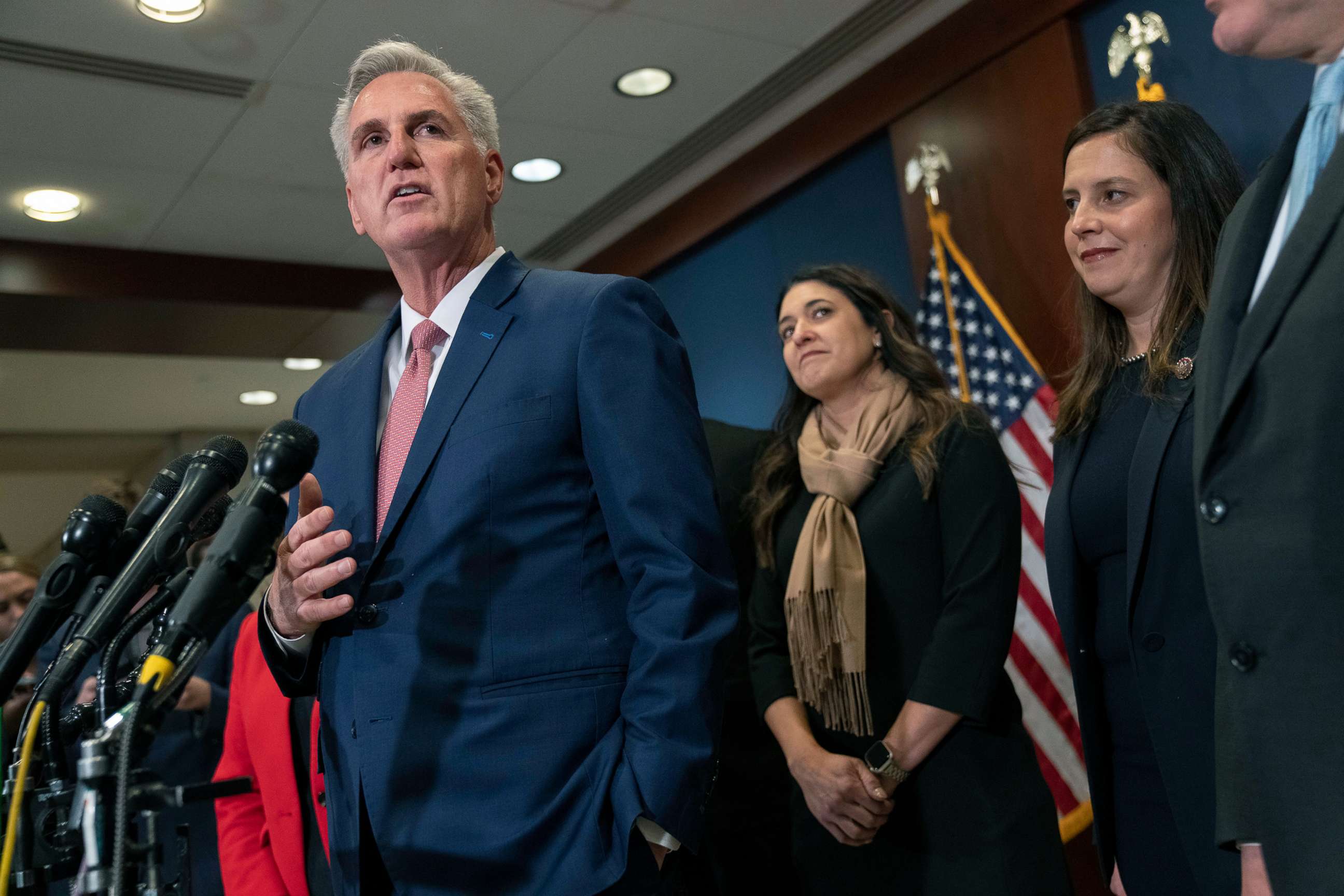 PHOTO: House Minority Leader Kevin McCarthy, left, speaks during a news conference with members of the House Republican leadership, Nov. 15, 2022, after voting on top House Republican leadership positions, on Capitol Hill.