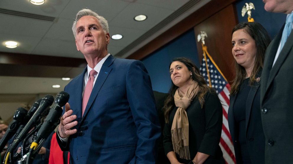 PHOTO: House Minority Leader Kevin McCarthy, left, speaks during a news conference with members of the House Republican leadership, Nov. 15, 2022, after voting on top House Republican leadership positions, on Capitol Hill.
