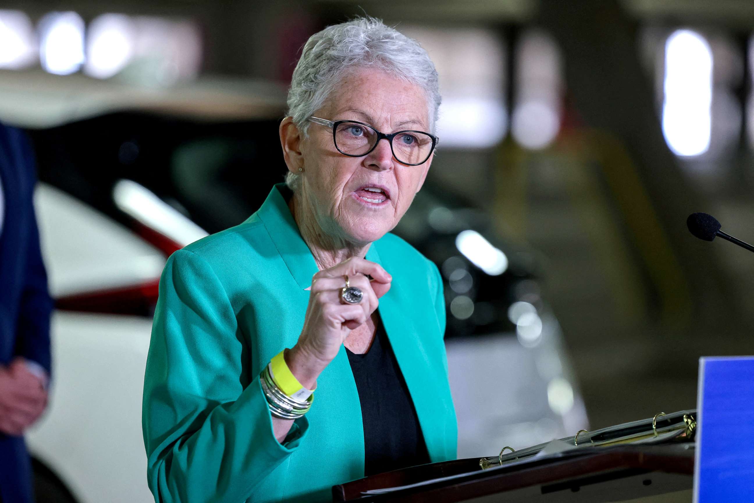 PHOTO: White House Climate Advisor Gina McCarthy holds a news conference in the parking garage at Union Station in front of new EV charging stations in Washington, D.C., April 22, 2021. 