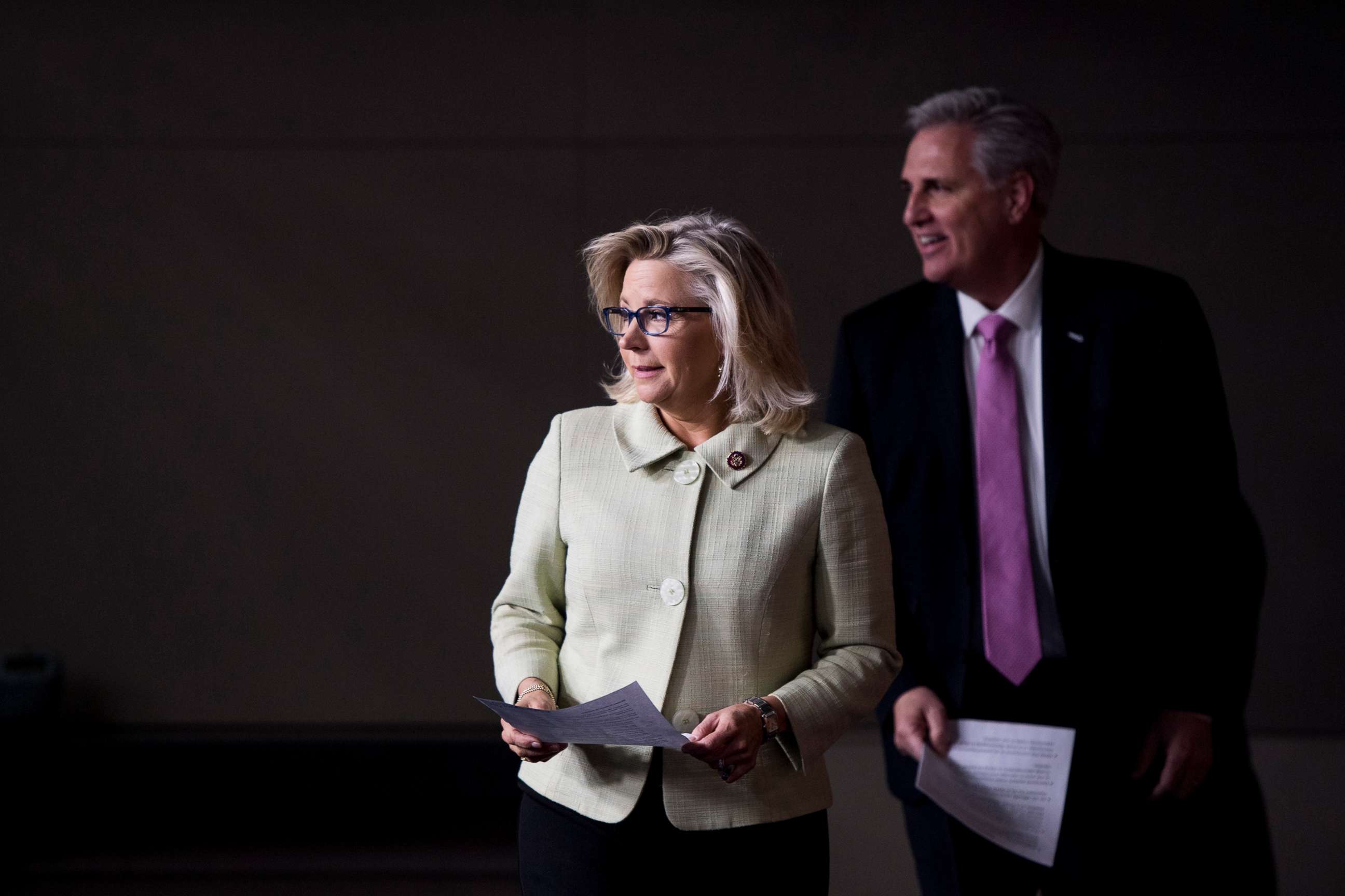 PHOTO: Republican Conference Chair Liz Cheney and House Minority Leader Kevin McCarthy, arrive for their post-caucus press conference at the Capitol, March 26, 2019. 