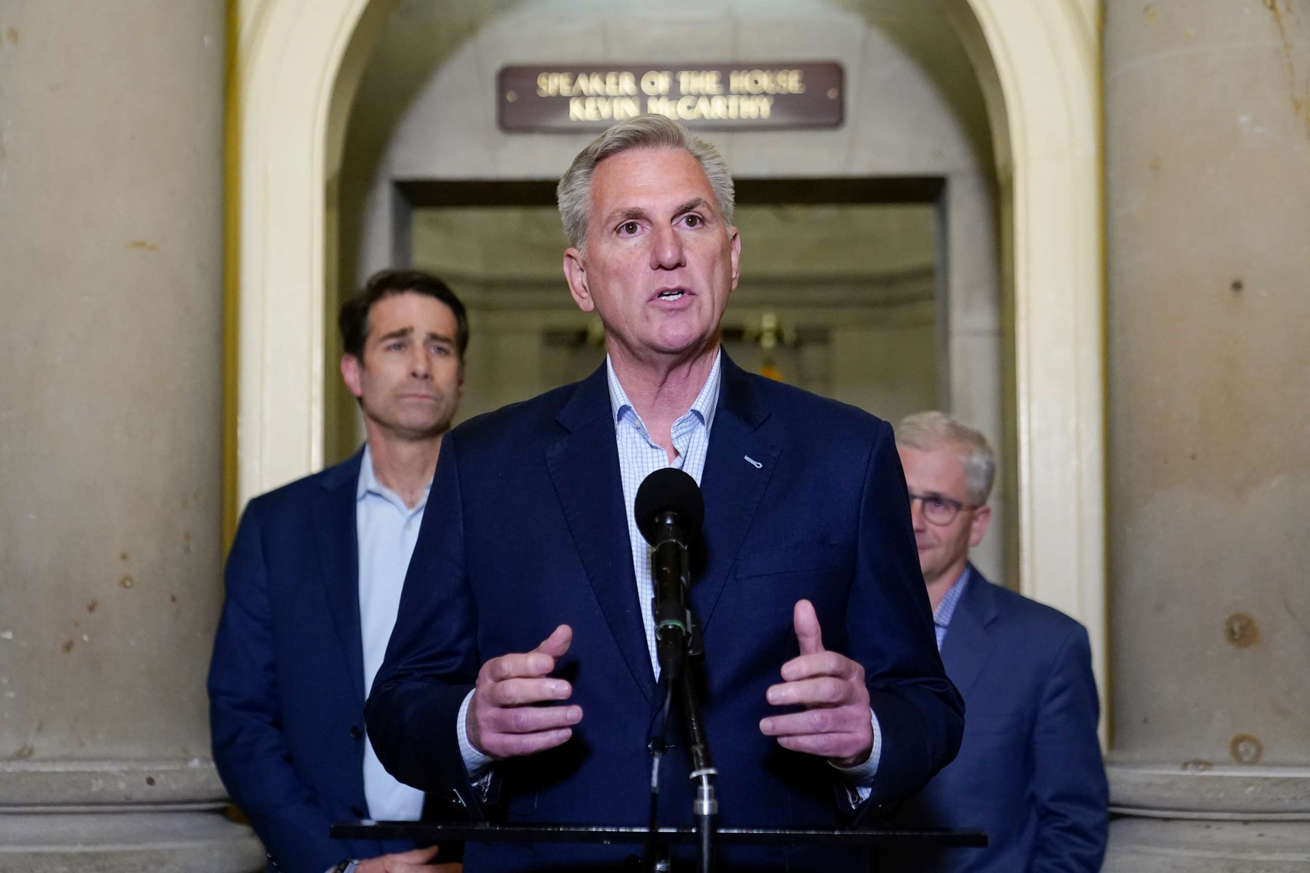 PHOTO: House Speaker Kevin McCarthy of Calif., speaks during a news conference after President Joe Biden and McCarthy reached an "agreement in principle" to resolve the looming debt crisis on Saturday, May 27, 2023, on Capitol Hill in Washington.