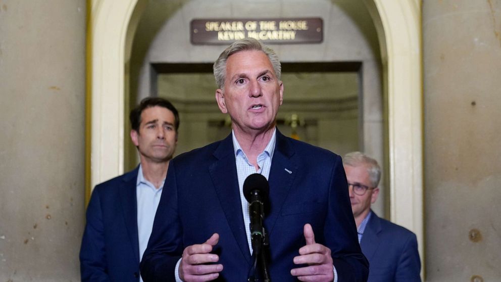 PHOTO: House Speaker Kevin McCarthy of Calif., speaks during a news conference after President Joe Biden and McCarthy reached an "agreement in principle" to resolve the looming debt crisis on Saturday, May 27, 2023, on Capitol Hill in Washington.