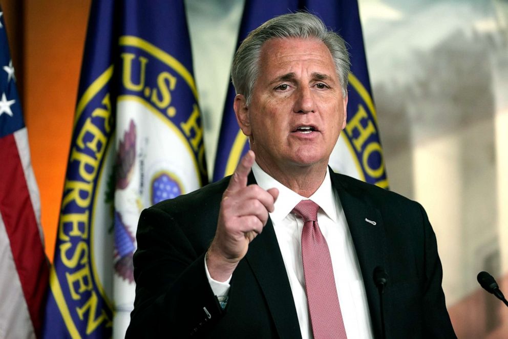 PHOTO: House Minority Leader Kevin McCarthy speaks during a news conference on Capitol Hill, Jan. 21, 2021.