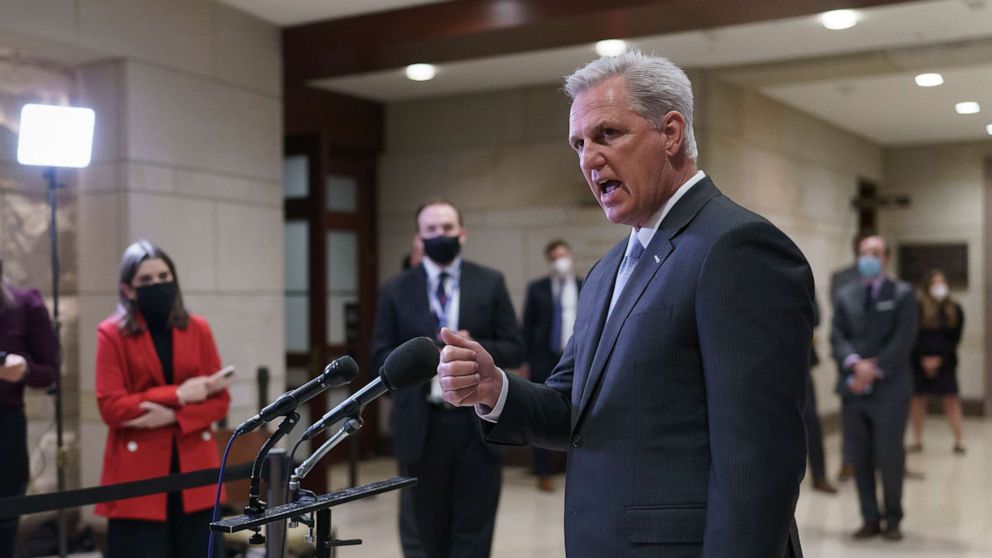 PHOTO: House Minority Leader Kevin McCarthy criticizes the the Democrats' $1.9 trillion COVID-19 relief bill during comments to reporters as Congress preps for its first votes on the measure, on Capitol Hill, Feb. 24, 2021. 