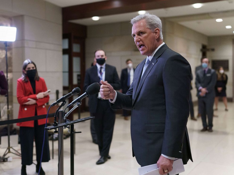 PHOTO: House Minority Leader Kevin McCarthy criticizes the the Democrats' $1.9 trillion COVID-19 relief bill during comments to reporters as Congress preps for its first votes on the measure, on Capitol Hill, Feb. 24, 2021. 