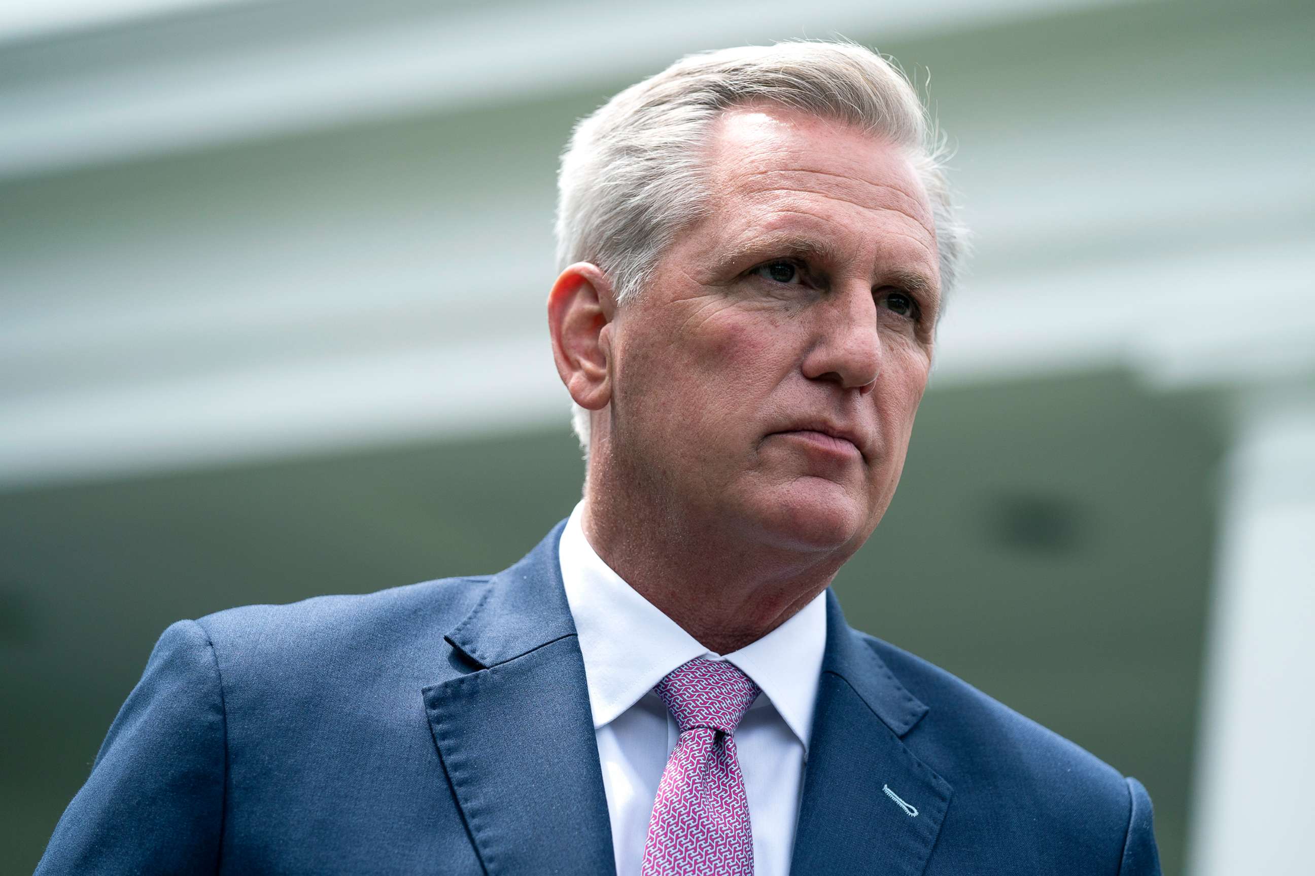 PHOTO: House Minority Leader Kevin McCarthy speaks to reporters outside the White House after a meeting with President Joe Biden, May 12, 2021.