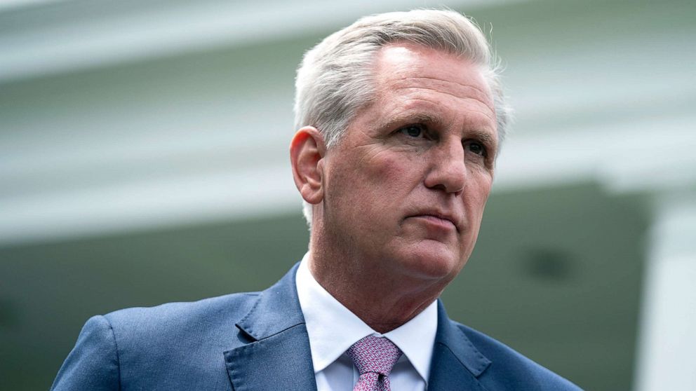 PHOTO: House Minority Leader Kevin McCarthy speaks to reporters outside the White House after a meeting with President Joe Biden, May 12, 2021.
