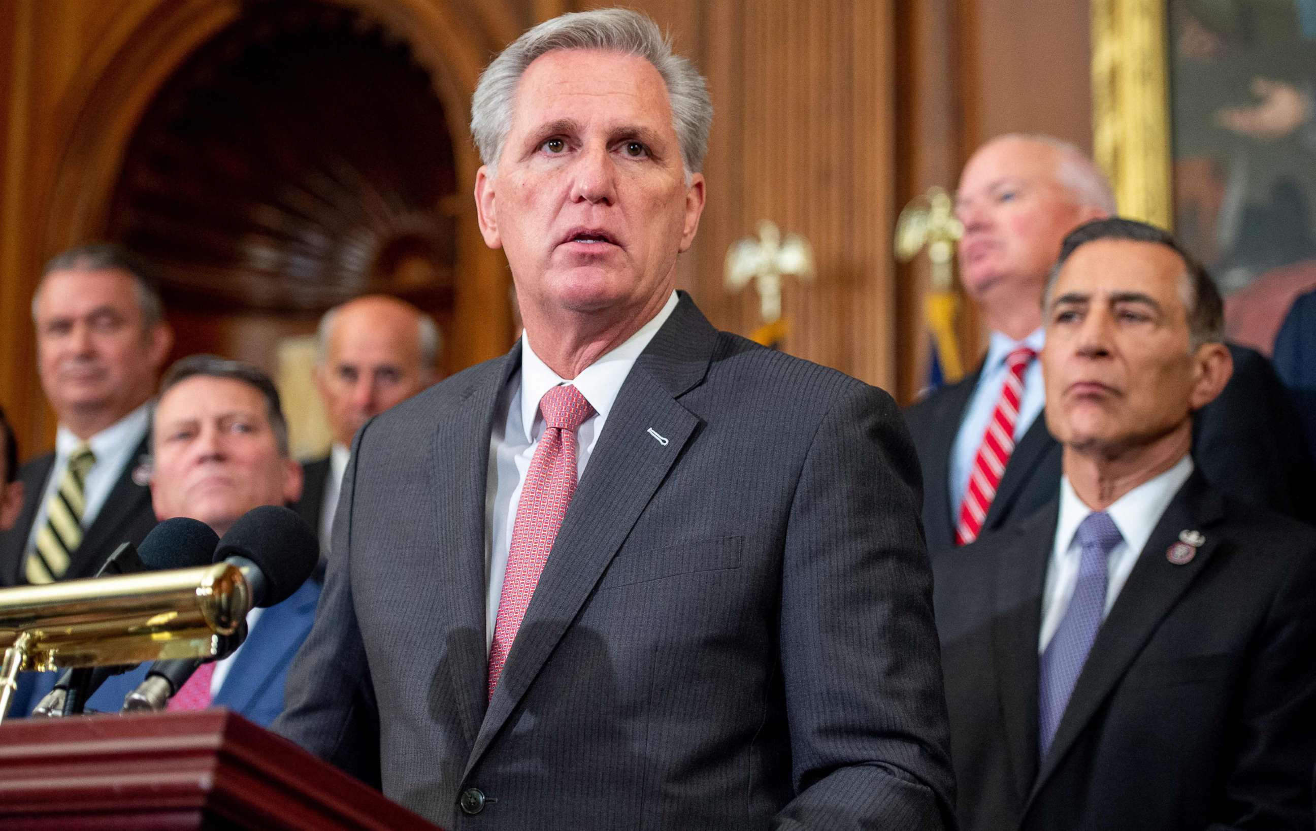 PHOTO: House Minority Leader Kevin McCarthy speaks alongside fellow Republicans about the U.S. military withdrawal from Afghanistan, criticizing President Joe Biden's actions, during a press conference at the Capitol, Aug. 31, 2021. 