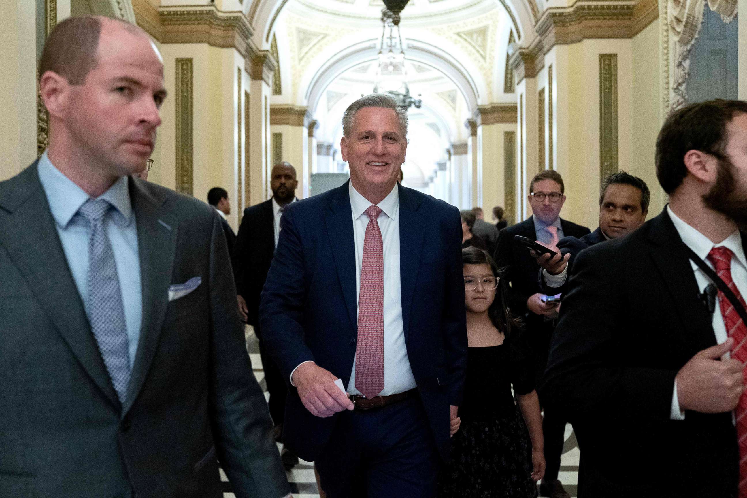 PHOTO: House Minority Leader Kevin McCarthy walks to his office from the House floor during a vote at the Capitol, May 13, 2022. 