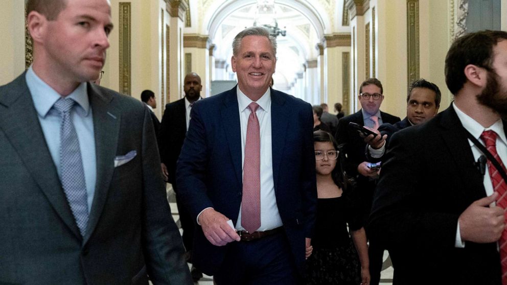 PHOTO: House Minority Leader Kevin McCarthy walks to his office from the House floor during a vote at the Capitol, May 13, 2022. 
