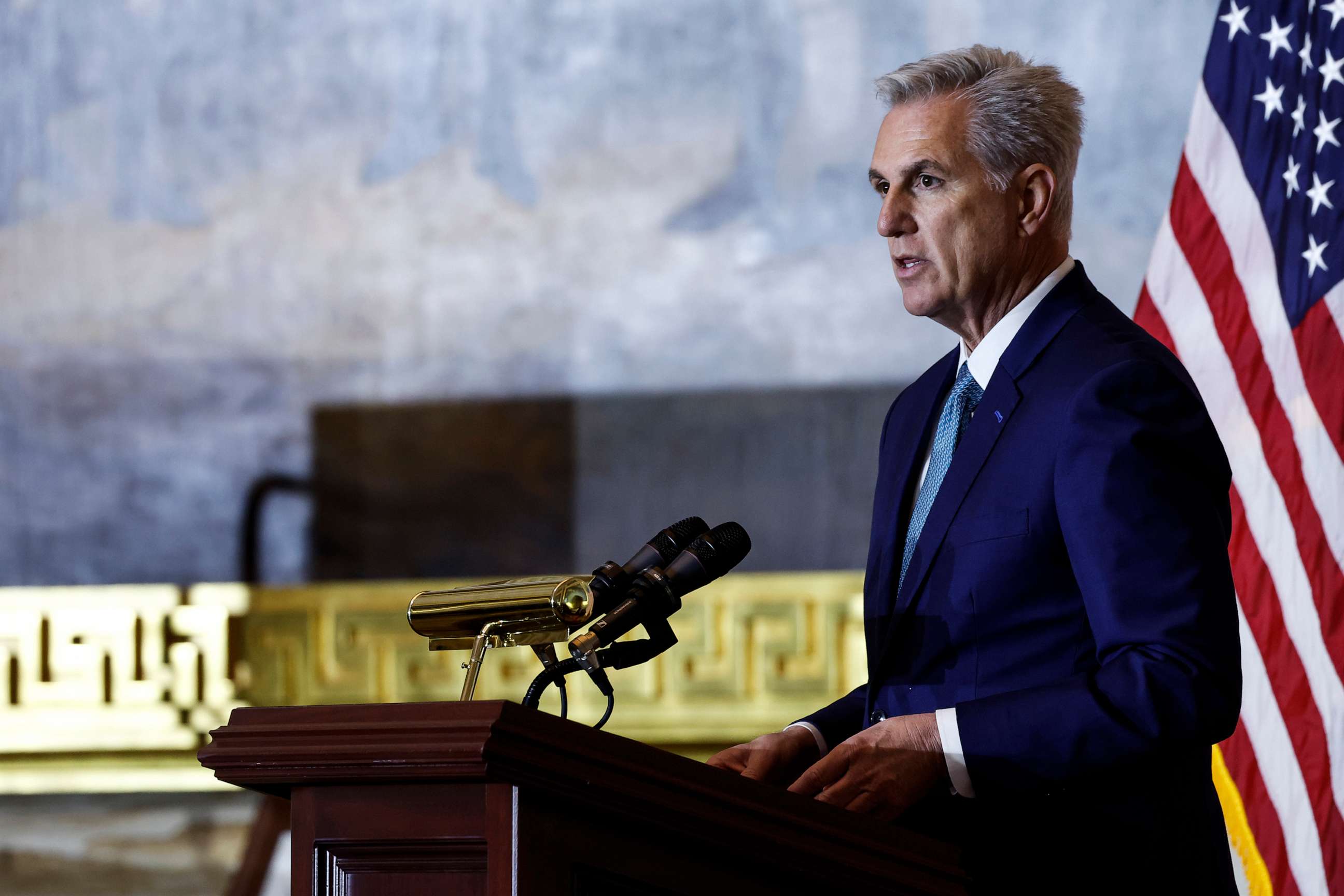 PHOTO: House Minority Leader Kevin McCarthy delivers remarks during a Congressional Gold Medal Ceremony for U.S. Capitol Police and D.C. Metropolitan Police officers in the Rotunda of the U.S. Capitol Building on Dec. 6, 2022 in Washington, DC.