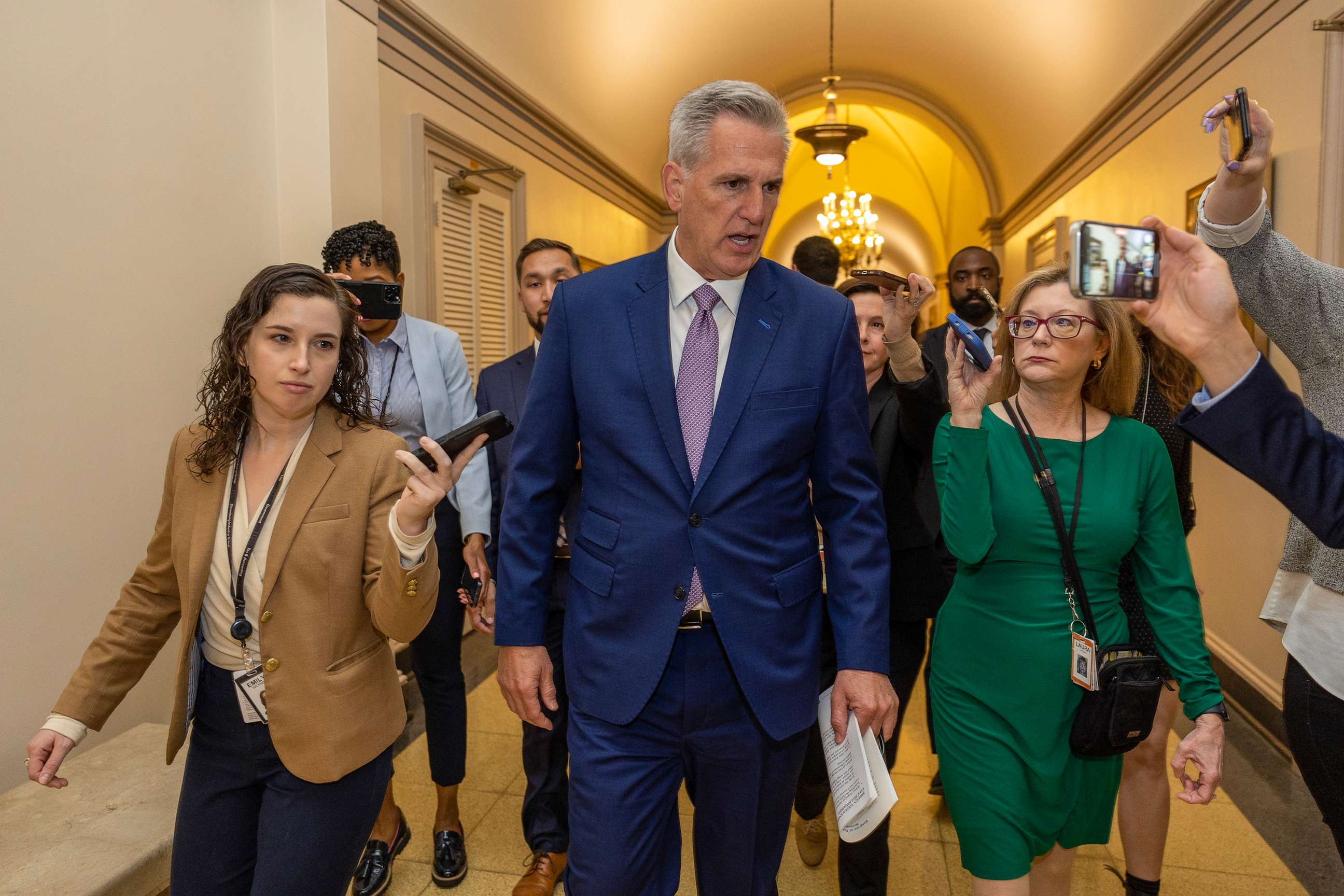 PHOTO: Speaker of the House Rep. Kevin McCarthy is followed by members of the media as he walks in the U.S. Capitol on April 26, 2023 in Washington, D.C.