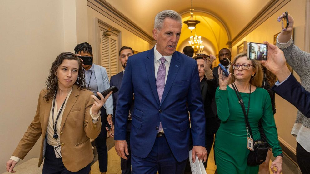 PHOTO: Speaker of the House Rep. Kevin McCarthy is followed by members of the media as he walks in the U.S. Capitol on April 26, 2023 in Washington, D.C.