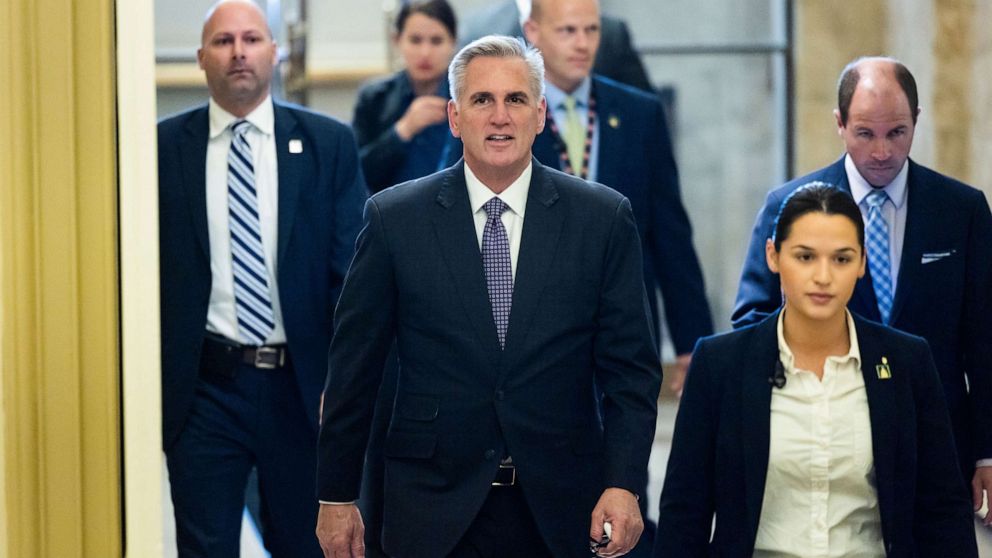 PHOTO: Republican Speaker of the House Kevin McCarthy arrives to the Capitol on the day the House plans to vote on the tentative agreement between the White House and Congress to raise the debt limit in Washington, D.C, May 31, 2023.