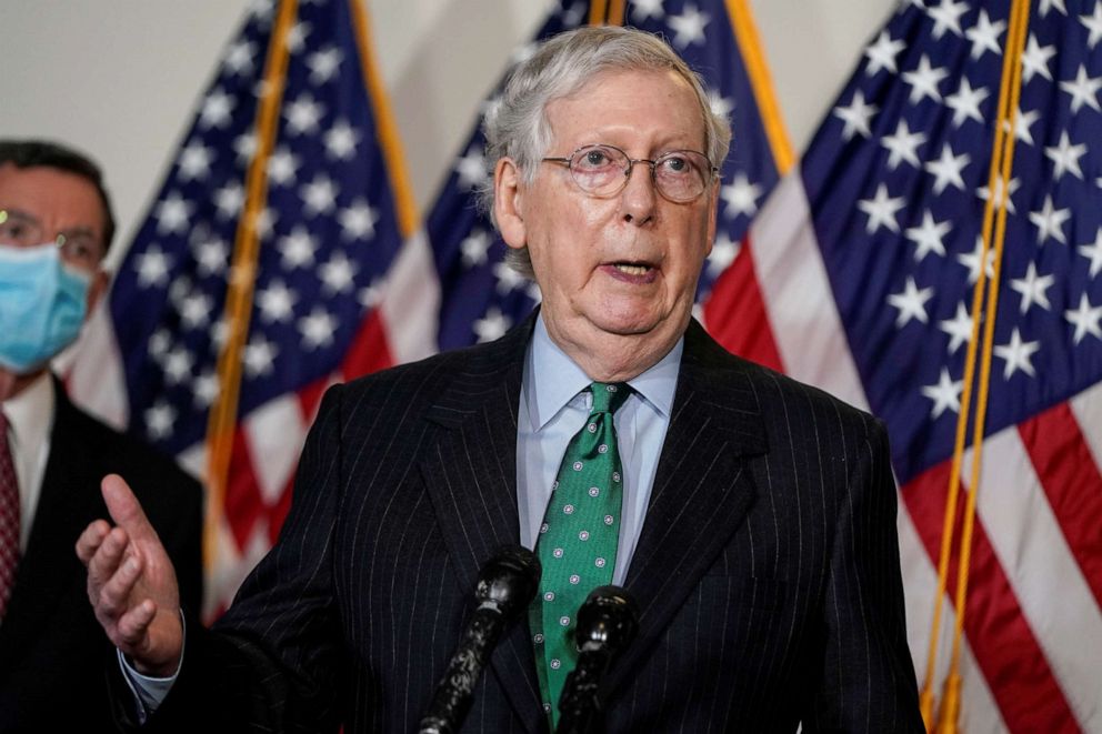 PHOTO: Sen. Majority Leader Mitch McConnell (R-KY) speaks to the media after a lunch with Republican Senators, on Capitol Hill, Sept. 30, 2020.  