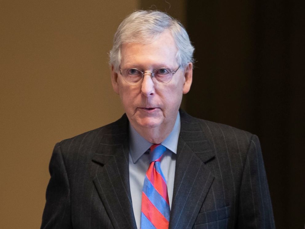 PHOTO: Senate Majority Leader Mitch McConnell walks onto the Senate floor at the Capitol, Feb. 14, 2019.