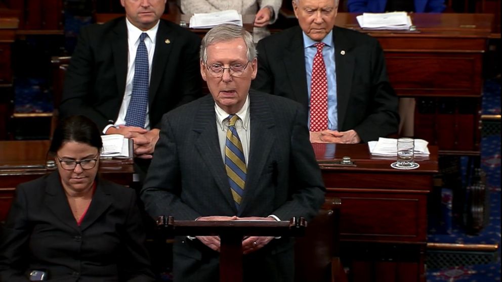 PHOTO: Senate Majority Leader Mitch McConnell speaks on the senate floor moments after government shutdown went into effect on Jan. 20, 2018.  