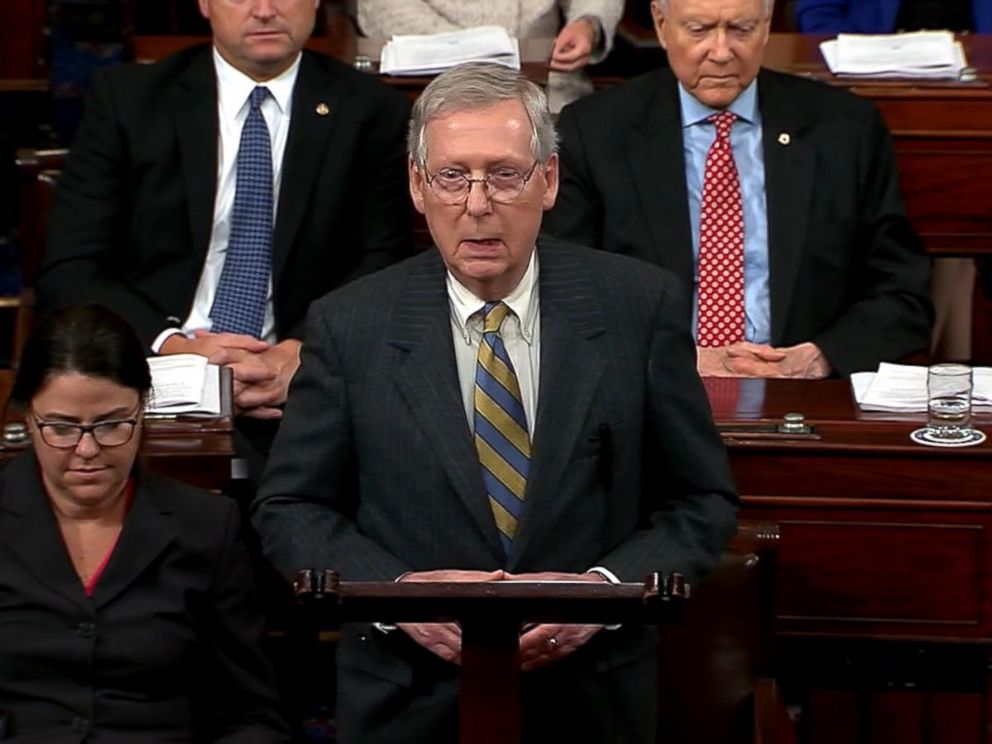 PHOTO: Senate Majority Leader Mitch McConnell speaks on the senate floor moments after government shutdown went into effect on Jan. 20, 2018.