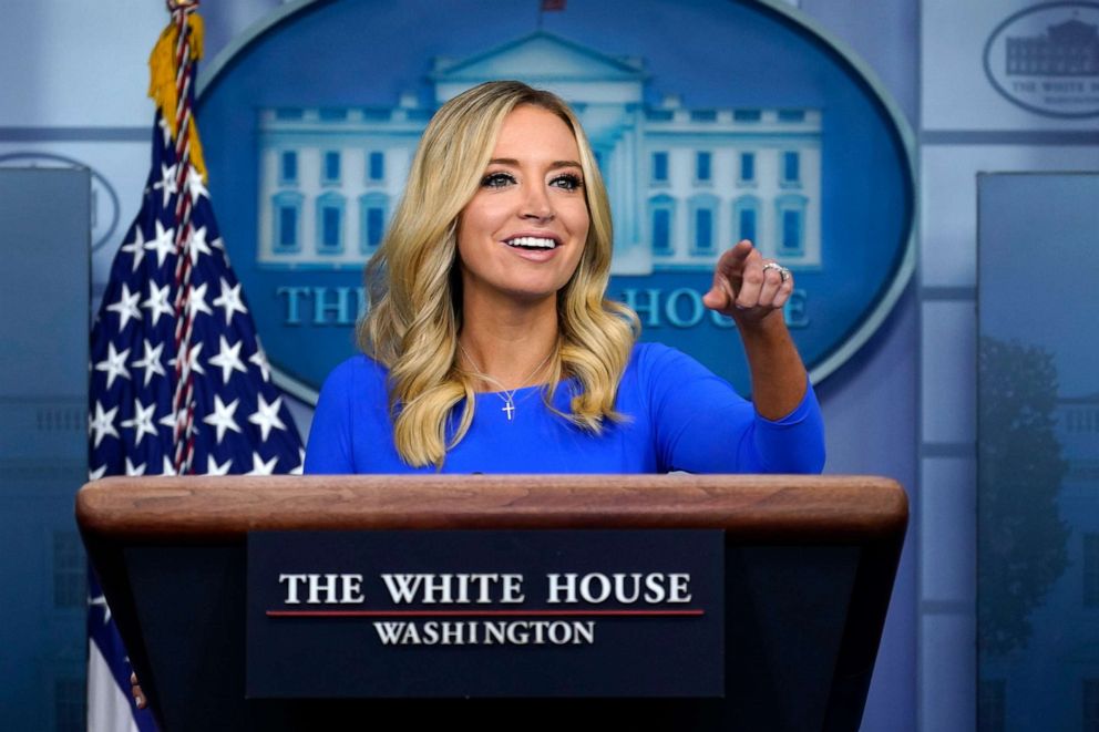 PHOTO: White House press secretary Kayleigh McEnany speaks during a news conference at the White House, Oct. 1, 2020. 