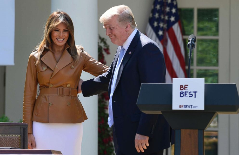 PHOTO: President Donald Trump stands next to first lady Melania Trump during an event where Melania Trump announced her initiatives in the Rose Garden of the White House in Washington, May 7, 2018. 