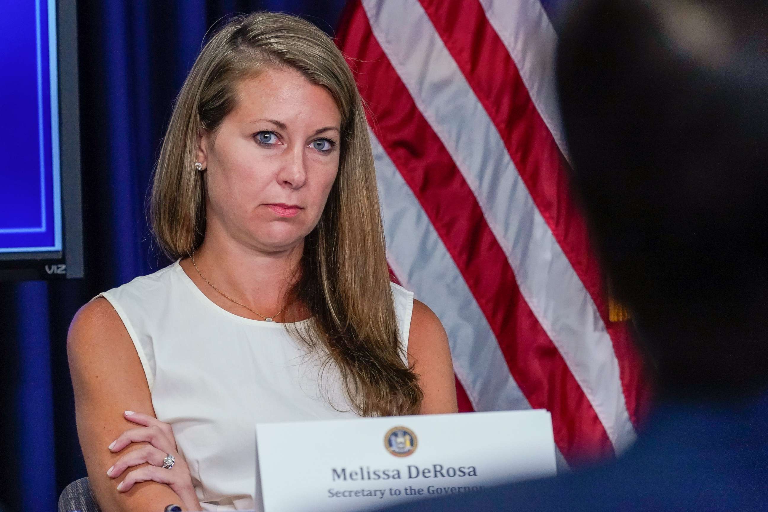 PHOTO: FILE - Secretary to the Governor Melissa DeRosa listens as New York Gov. Andrew Cuomo speaks to reporters during a news conference, Wednesday, June 23, 2021, in New York. 