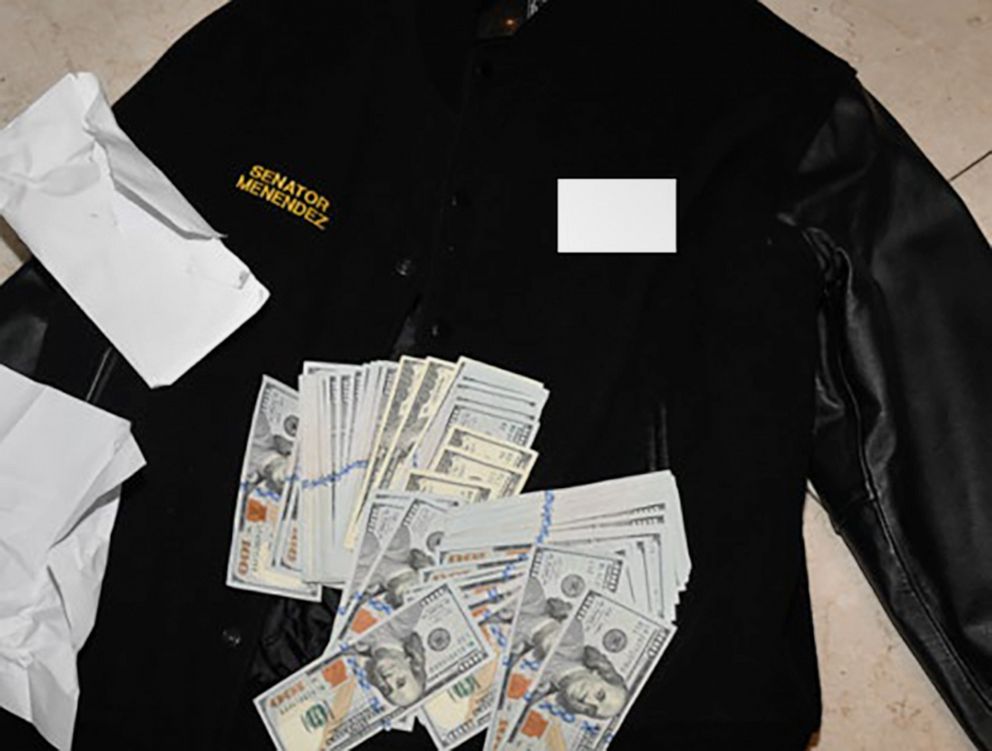 PHOTO: A photo of a jacket and cash from the indictment of Sen. Bob Menendez, found during a 2022 search by federal agents. Investigators found over $480,000 in cash in his New Jersey home.