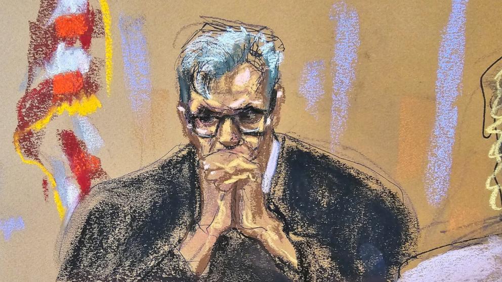 PHOTO: New York Supreme Court Judge Juan Merchan listens as former President Donald Trump watches as Stormy Daniels is questioned in Manhattan state court in New York City, May 9, 2024 in this courtroom sketch. 