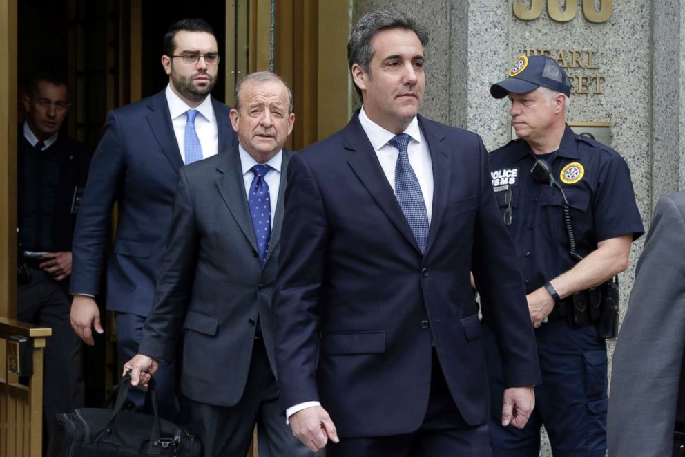 PHOTO: President Donald Trump's personal attorney Michael Cohen, right, leaves Federal Court, in New York, May 30, 2018, followed by members of his legal team, from left, Joseph Evans and Stephen Ryan.