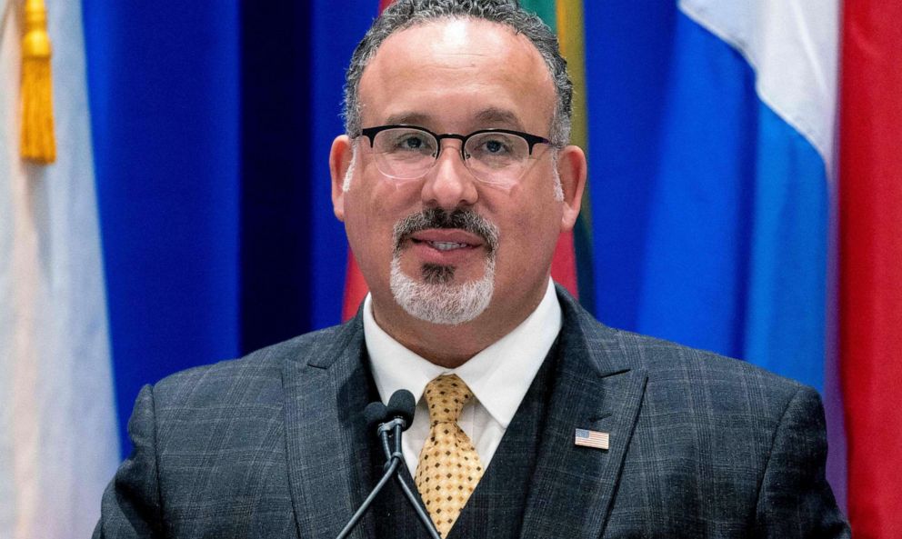 PHOTO: Secretary of Education Miguel Cardona speaks during the 2023 International Summit on the Teaching Profession in Washington, Apr. 26, 2023.