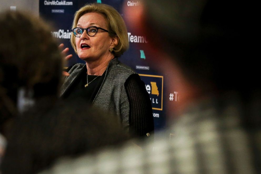PHOTO: Sen. Claire McCaskill speaks to a group of supporters at her Columbia Democratic Party headquarters in Columbia, Mo., Aug. 7, 2018. 