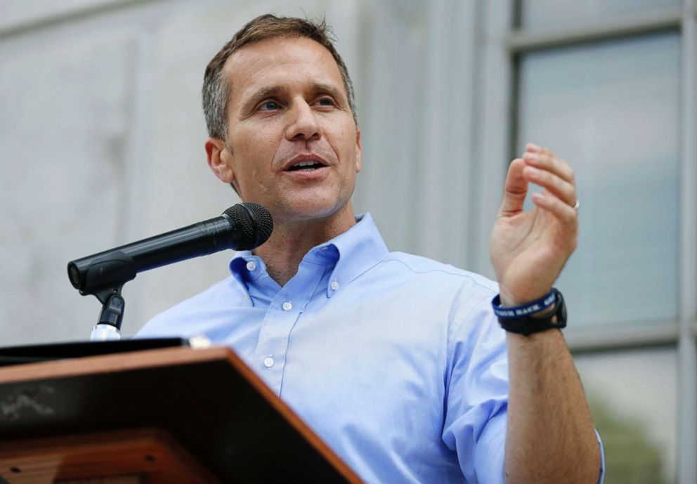 PHOTO: Missouri Gov. Eric Greitens speaks outside the state Capitol in Jefferson City, Mo., May 23, 2017. 