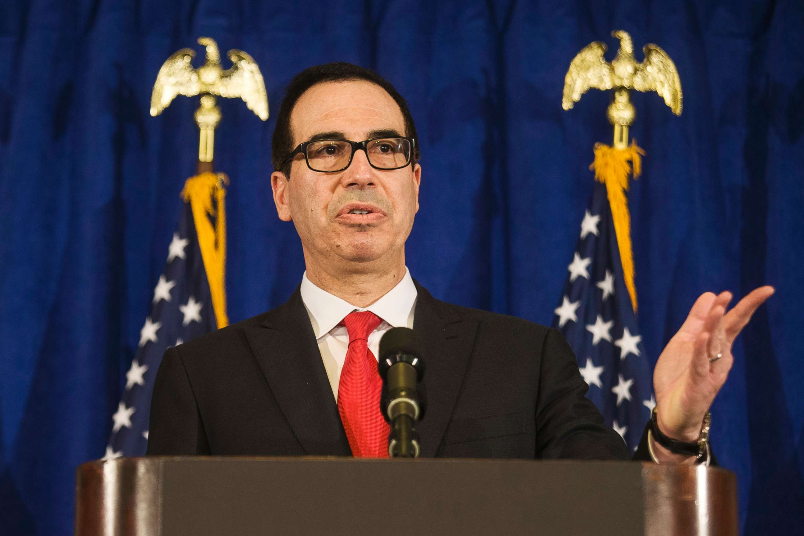 PHOTO: Treasury Secretary Steven Mnuchin speaks at a press briefing at the Hilton Midtown hotel during the United Nations General Assembly, in New York,  Sept. 21, 2017.  